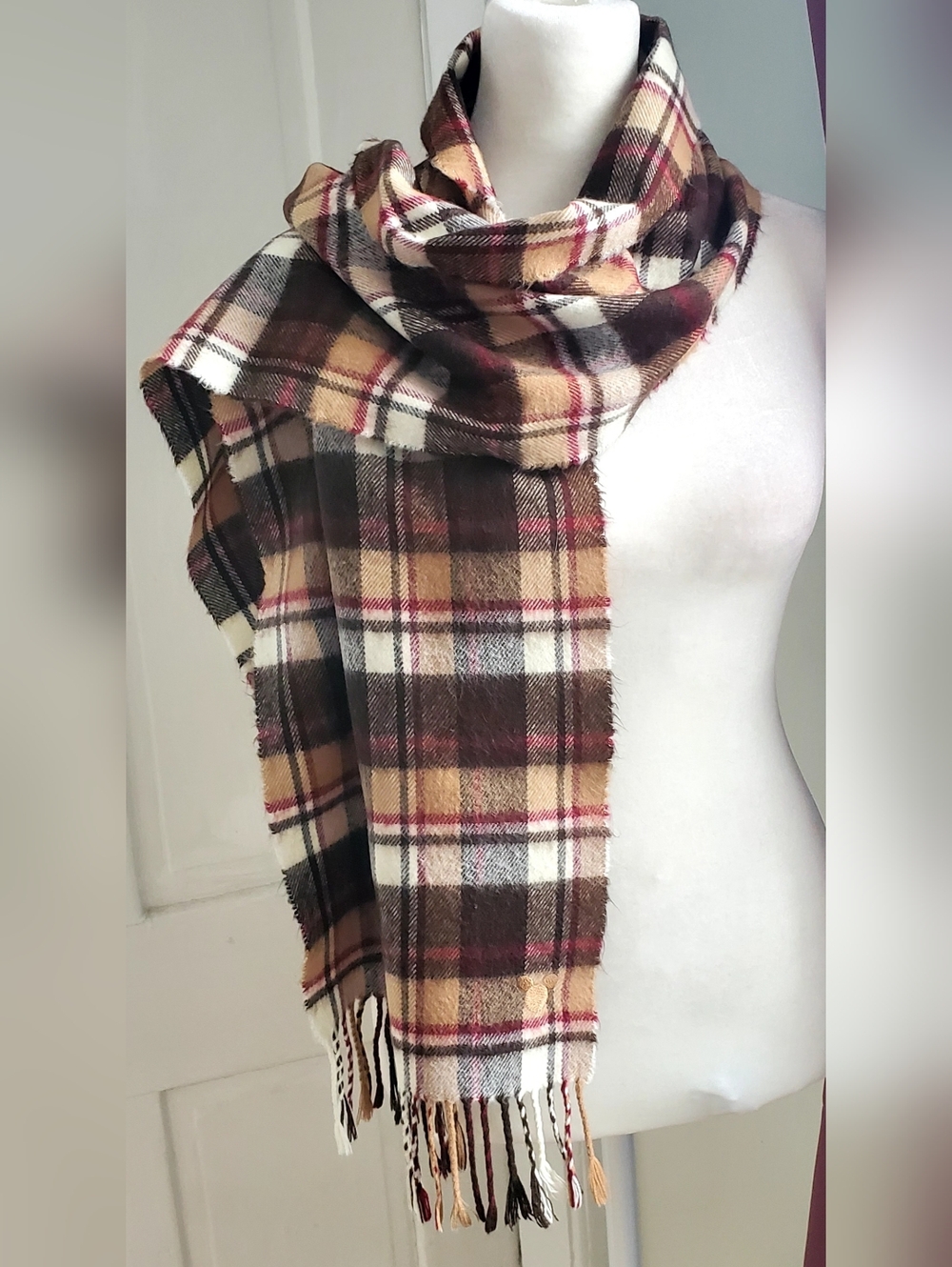 Cozy Plaid Fringe Scarf in Brown, Tan & White